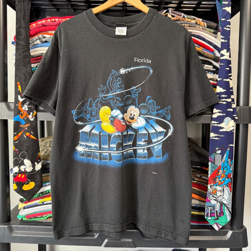 Vintage Black Mickey Mouse Florida Disney Graphic Tee Large Light Marks